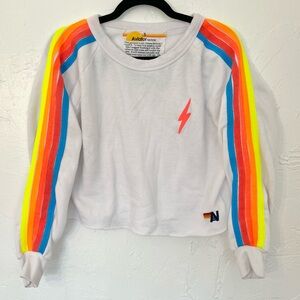 Aviator Nation 5 Stripe Neon White Cropped Crewneck Relaxed Hoodie Sweatshirt